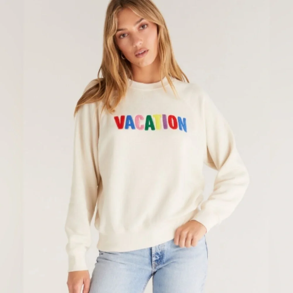Z Supply Cream Sweater with Multicolor 'Vacation' Design Small